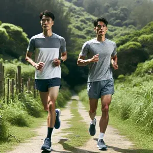 A man and woman running on a scenic trail in nature, showcasing focus and determination in long-distance running. Proper attire and safety emphasized.